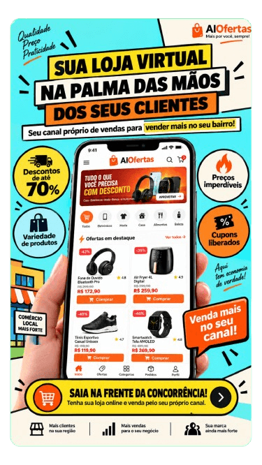 Vitrine da loja AIOfertas aberta no celular, com categorias, produtos e ofertas em destaque